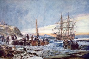 1620年、ニューイングランドのプリマスに上陸した「ピルグリムファーザーズ」（水彩・紙 作： Charles Edward Dixon