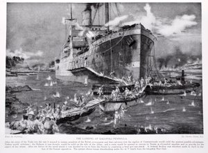 ガリポリ半島の着陸、「ハッチンソンのイギリス国民の物語」、1920年頃のイラスト 作： Charles Edward Dixon