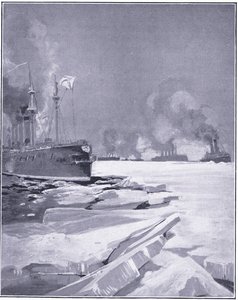ウラジオストク艦隊、ウラジオストク港から氷を押し出す、カッセルの日露戦争1巻、1900年頃のイラスト 作： Charles Edward Dixon