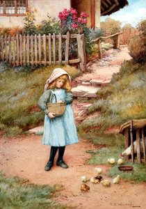 ヒヨコへの餌やり（水彩） 作： Charles Edward Wilson