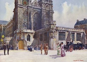 エドワード7世王とアレクサンドラ女王が下車したウェストミンスター寺院 作： Charles Edwin Flower