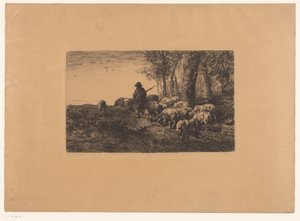 豚の群れを持つ羊飼い 作： Charles Emile Jacque (attributed to)