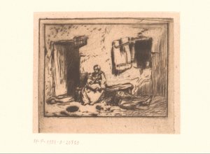 ファサードに対してベンチで子供を持つ女性 作： Charles Emile Jacque (attributed to)