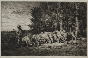 森の端にいる群れ 作： Charles Emile Jacque
