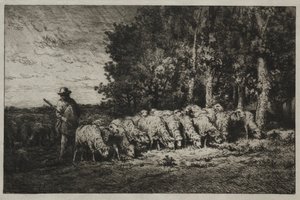森の端の群れ、1880年。 作： Charles Emile Jacque