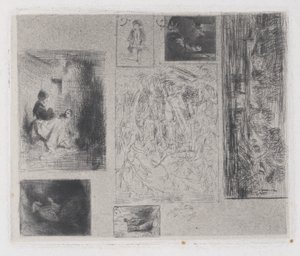 複合プレート: 女性と子供たち a、古い音楽家 b、揚げる商人 c、風景 ...、1843 年。 作： Charles Emile Jacque