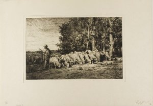 森の端にいる羊の群れ 作： Charles Emile Jacque