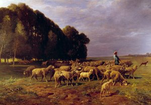 風景の中の羊の群れ」または「平原で羊の群れを駆る羊飼い」 シャルル・ジャック（1813-1894）の絵画 19世紀 日1,76×2,8メートル 作： Charles Emile Jacque