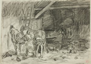 鍛冶屋の店内（レクト）、身をかがめる男（裏面） 作： Charles Emile Jacque