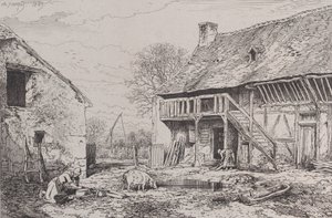 農民の庭の風景、1845年。 作： Charles Emile Jacque