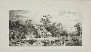 茅葺き小屋のある風景 作： Charles Emile Jacque
