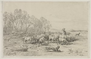 羊の群れのいる風景、1800年代。 作： Charles Emile Jacque