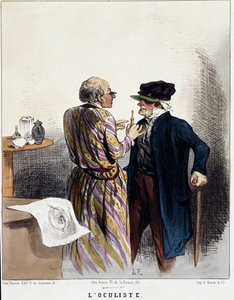 病人と医師」シリーズ：眼科医。患者の目の診察をしている医師の漫画。シャルル・ジャックによるエングレーヴィング 作： Charles Emile Jacque