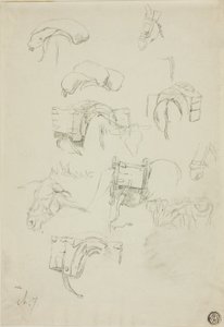 スケッチのシート：ロバと小物の詳細 作： Charles Emile Jacque