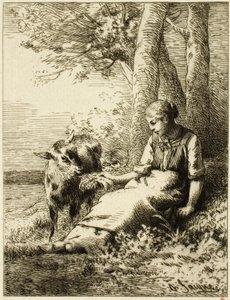 木の端で羊の群れを持つ羊飼い 作： Charles Emile Jacque