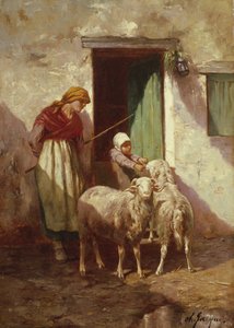 子供と2頭の羊と羊飼い 作： Charles Emile Jacque