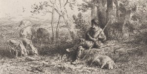 小さな豚の群れ、1864 年。 作： Charles Emile Jacque
