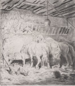 厩舎、1848 年。 作： Charles Emile Jacque
