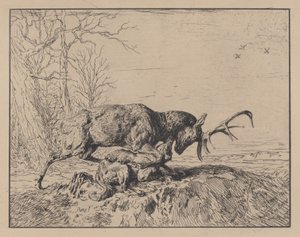 オオカミと戦う雄鹿、アントワーヌ ルイ バリー作、1846 年。 作： Charles Emile Jacque