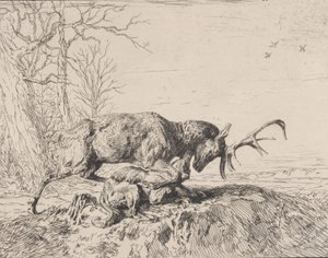 オオカミと戦う雄鹿、アントワーヌ ルイ バリー作、1846 年。 作： Charles Emile Jacque