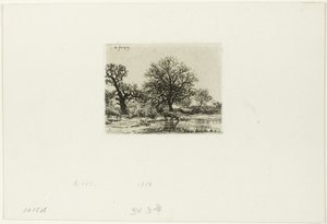 池の近くの木々と牛 作： Charles Emile Jacque