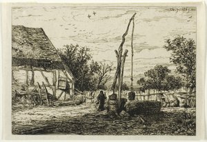 農場の中庭の井戸 作： Charles Emile Jacque