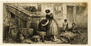 鍋を洗う女性、子供連れ 作： Charles Emile Jacque