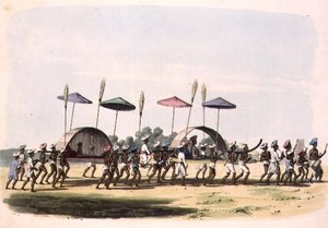 ナガッパッティーナムの町を通る結婚行列、「Oriental Drawings」のプレート32、Thomas Medland (1755-1823) のエングレーヴィング、パブ。1806年（アクアチント）。