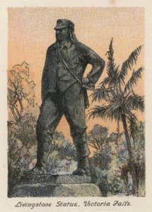 南アフリカリビングストン像、ビクトリアの滝（カラーリトグラフ） 作： Charles Ernest Peers