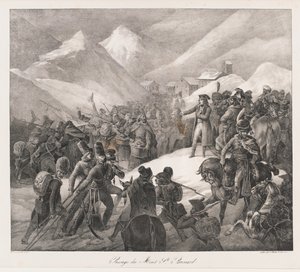 セントバーナード山の横断 19世紀初頭（リトグラフ 作： Charles Etienne Pierre Motte