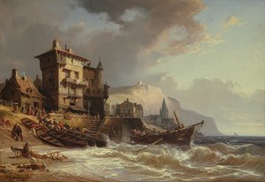 19世紀ブルターニュの海岸に船を運ぶ 作： Charles Euphrasie Kuwasseg