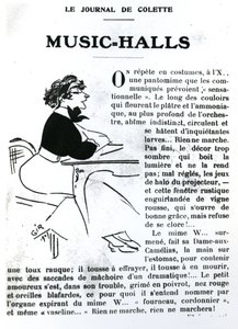 1908年パリのラヴィパリジェンヌで出版された、リルヴィーニュの音楽ホールに関するエッセイからのコレットの風刺画 作： Charles Felix Gir
