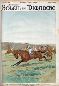 Horse race: "La grande forzaine sportive: a false departure on the Longchamps racecourse".コンダミーの水彩画 「Le sun-du-dimanche」6月18日号に掲載されたエングレーヴィング 作： Charles Fernand de (after) Condamy