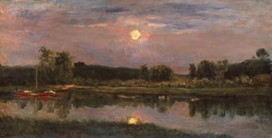 月明かりに照らされた川の風景、1855年頃（船上油） 作： Charles Francois Daubigny