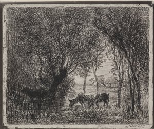 森の中の牛、オリジナルの印象1862、1921年に印刷。 作： Charles Francois Daubigny