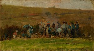ジャガイモを収穫する農家（オークの油） 作： Charles Francois Daubigny