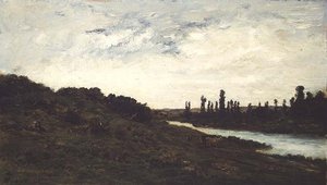 森閑とした川の風景の中にいる牧童と牛たち 作： Charles Francois Daubigny