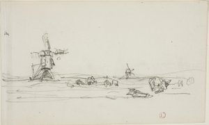 オランダの風景（レクト）、水辺の風車のスケッチ（裏面） 作： Charles Francois Daubigny