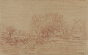 放牧されて水を飲む牛と見守る雄牛のいる風景 作： Charles Francois Daubigny