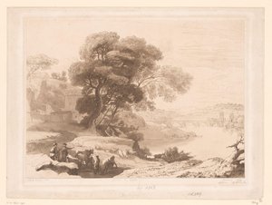 川のほとりに羊飼いと牛がいる風景 作： Charles Francois Daubigny