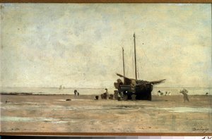 「シースケープ」 干潮時に砂の上を走る帆船。 シャルル フランソワ ドービニー (1817-1878) による絵画 1868-1872年 プーシキン美術館、モスクワ 作： Charles Francois Daubigny