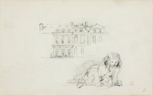 スケッチ：ホテル・ド・ヴィル、トゥールと遊ぶ少女（レクト）、コウノトリ（裏面） 作： Charles Francois Daubigny
