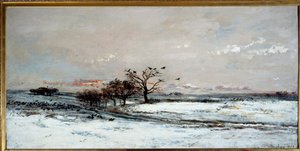 夕陽に照らされた雪景色。シャルル・フランソワ・ドービニー（1817-1878）の絵 作： Charles Francois Daubigny