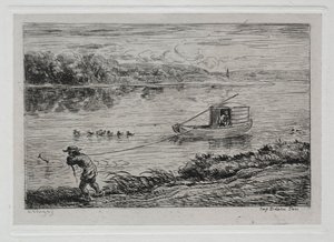 ボートトリップ：キャビンボーイが牽引ロープを牽引またはロープで牽引、1861年。 作： Charles Francois Daubigny