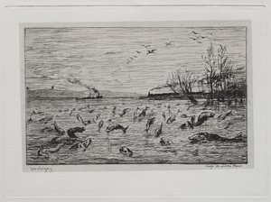 ボートの旅：キャビンボーイの出発時の魚の喜び、魚、1861年。 作： Charles Francois Daubigny