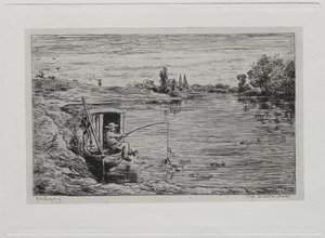 ボート旅行：キャビンボーイ釣りライン釣り、1861。 作： Charles Francois Daubigny