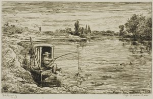 船頭小僧の釣り（釣り糸で釣る） 作： Charles Francois Daubigny