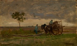 農家のチャリオットのある広大な風景（オークに油彩） 作： Charles Francois Daubigny