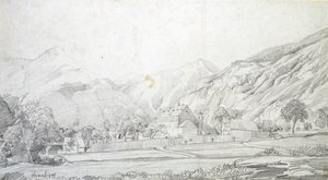 19 世紀半ば、山を背景にした壁に囲まれたエンクロージャー内の建物のビュー 作： Charles Francois Daubigny
