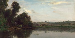1865年、ヴァルモンドワ近くのオワーズ川で洗濯をする女性。 作： Charles Francois Daubigny